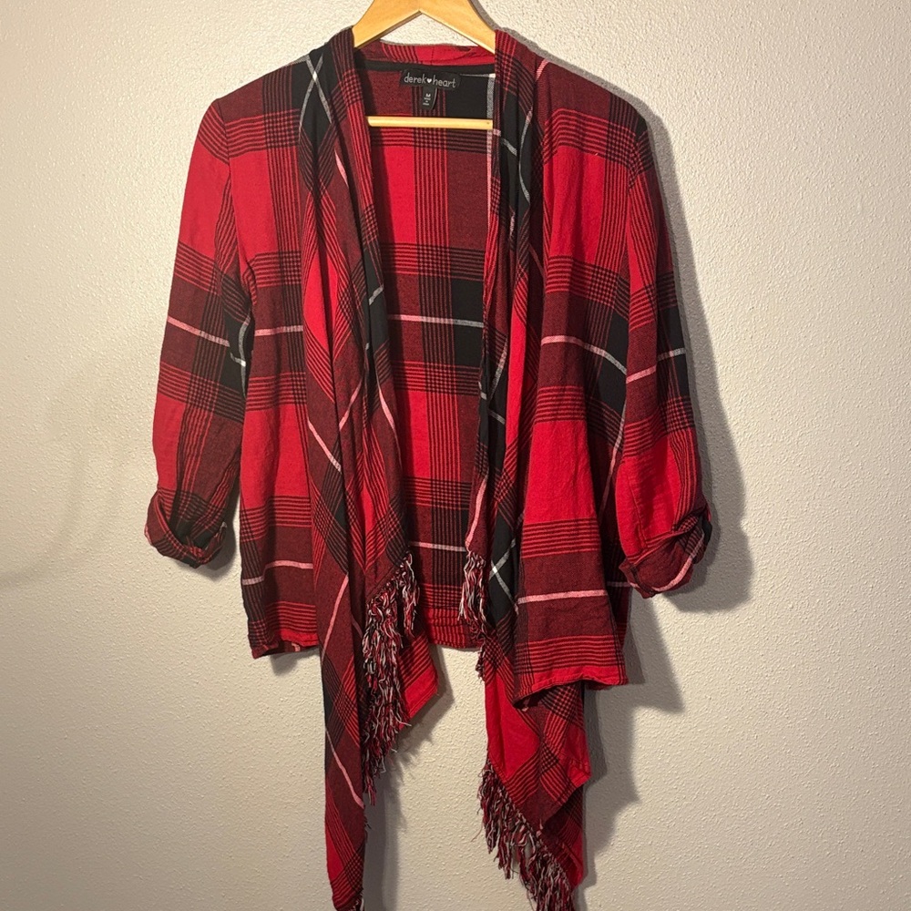 Red and Black Fringe Plaid Cardigan